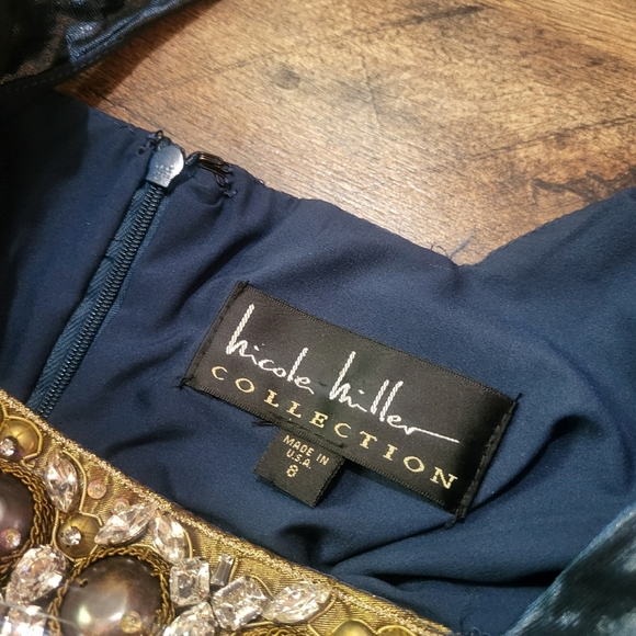 Nicole Miller Collection Ruched Drape Jewel Navy Metalic Dress Size 8 - Picture 7 of 10